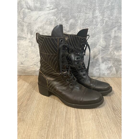 Vintage Black Leather Boots Embroidered Spider Webs 9 Combat Granny Goth Y2K - Picture 2 of 7